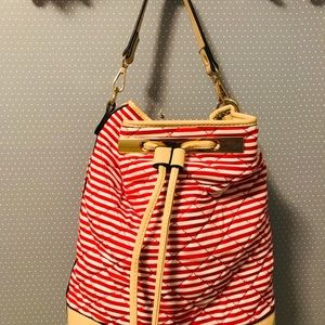 Red White Drawstring Shoulder Tote